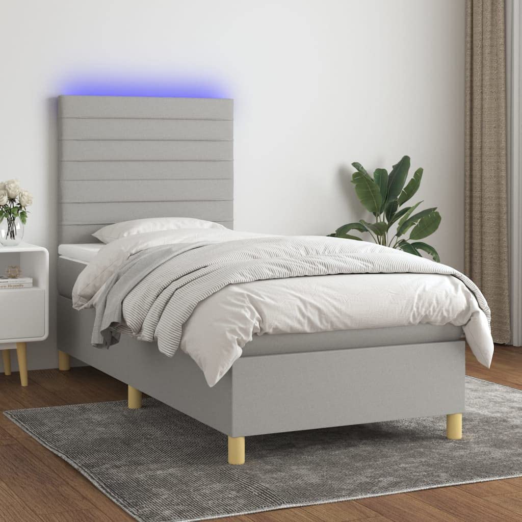 Strapazierfähiger Stoff mit verstellbarem Kopfteil LED Beleuchtung | Boxspringbett mit Matratze und LED 100x200 cm Hellgrau Stoff Bett mit Bettkasten Kopfteil verstellbar Taschenfederkern Topper