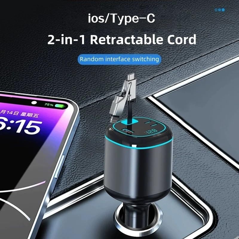 Caricabatteria da auto 60 W 2 in 1 USB tipo C Cavo retrattile di ricarica super veloce adattatore per accendisigari auto