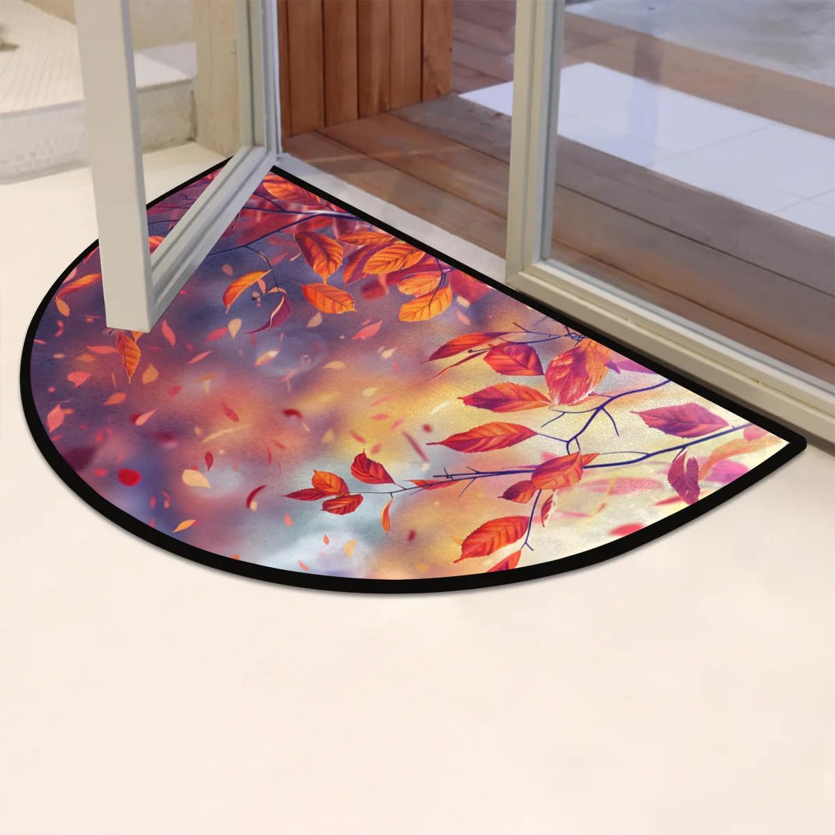 Fall Plant Maple Leaves Half Round Door Mat, Non-Slip Entrance Welcome Mat for Indoor Semi Circle Bathroom Floor Rugs Outdoor Mats House Entry Way Heavy Duty Doormat for Kitchen Living Room 36x24 Inch
