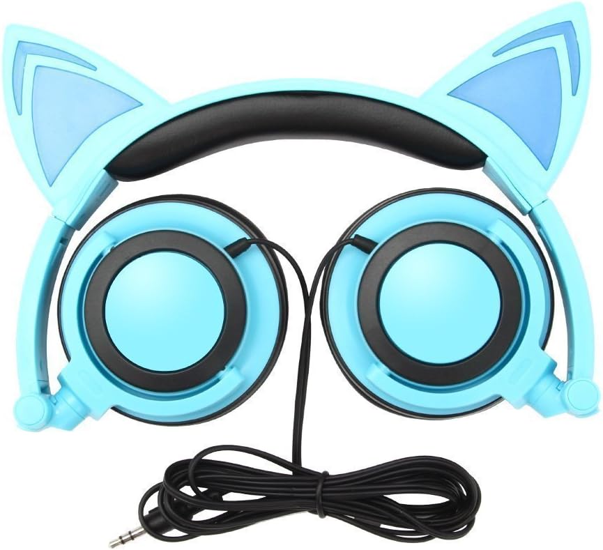 Wired Headphones Over-Ear Foldable Cat Ear Earphones with LED Light For Girls,Children.Compatible for Mp3 Mp4 player,iPhone,Android Phone (blue)