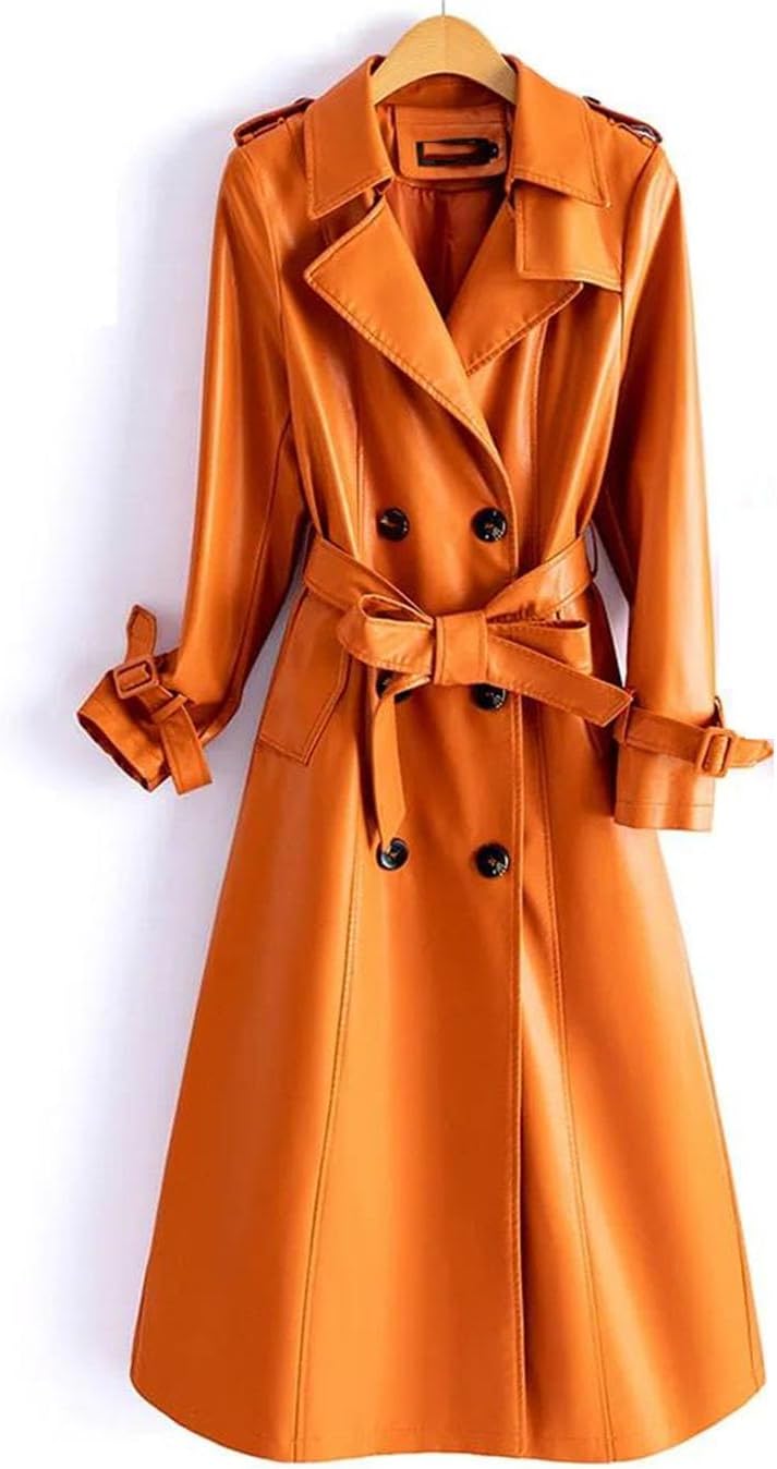 Women Double-Breasted Lace-Up Belt Genuine Leather Trench Coats Mid Length Women Real Sheepskin Windbreaker
