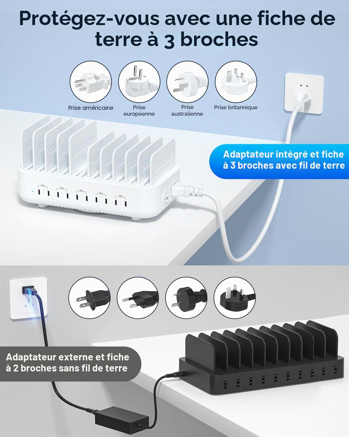 SooPii Station de Charge Rapide 100W 10 Ports USB-C PD, Blanc
