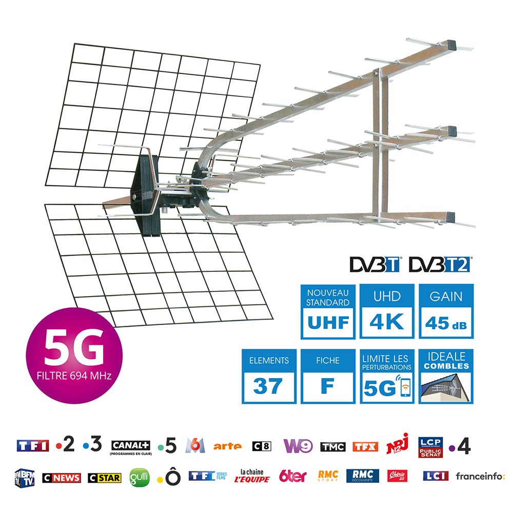 Metronic 415052 - Antena Exterior Canales UHF Triple, amplificada, con Fuente de alimentación, 37 Elementos, con Toma F, Ligera, Ganancia 45 dB - 694 MHz, Compatible 4G/5G, DVBT2 HDTV, 4K