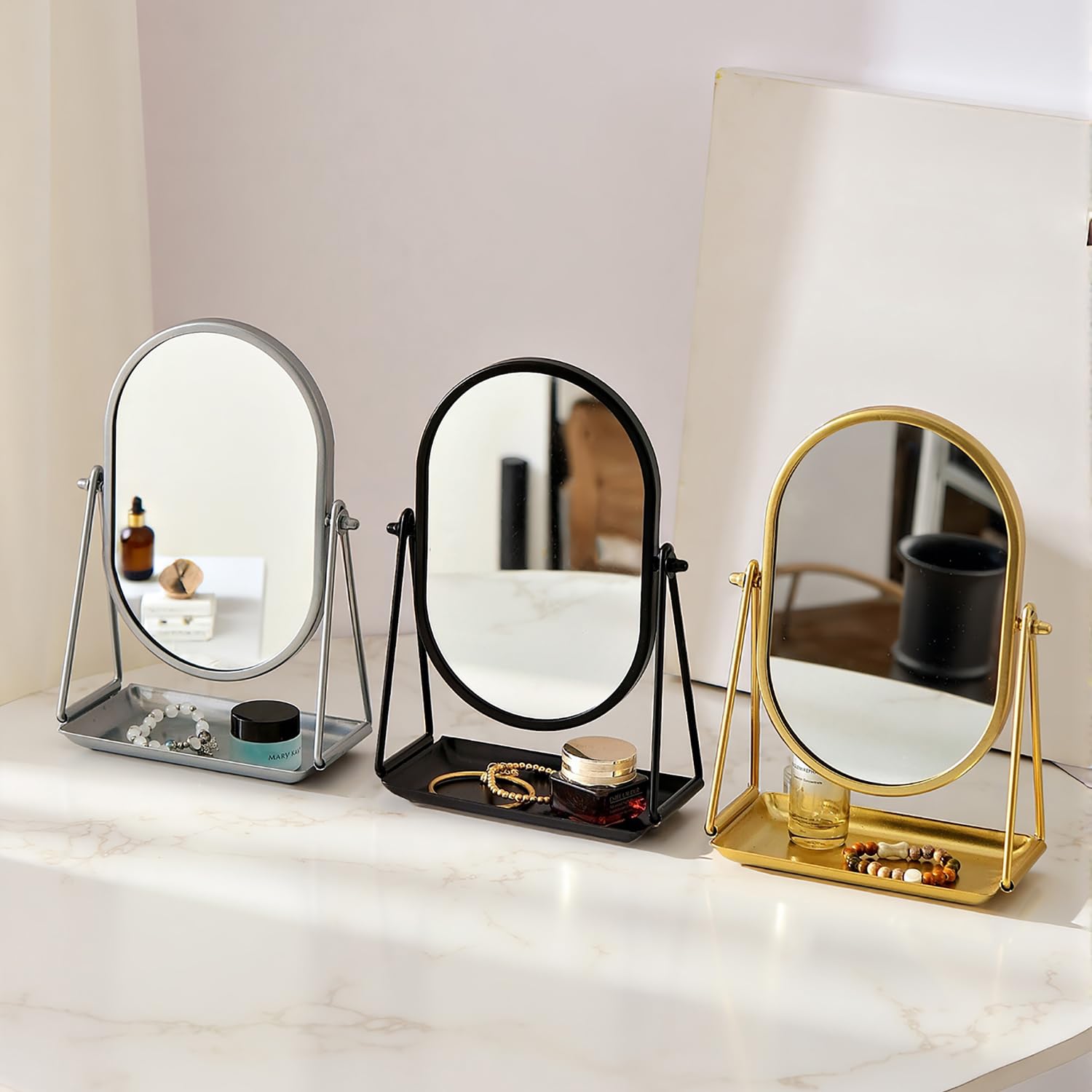Miroir de coiffeuse ovale doré avec plateau rotatif à 360° réglable en métal pour table de robe, salon, chambre, bureau, salle de bain