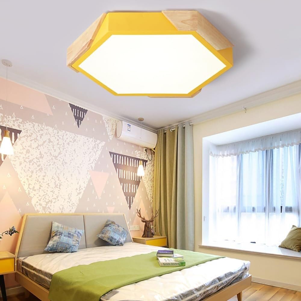 LYMSXAZOU Semi Flush Mount Ceiling Light Dimmable Modern Wood LED White Lamps Geometry Lighting for Bedroom Dining Room Kitchen Laundry Hallway(Yellow 24.4in)