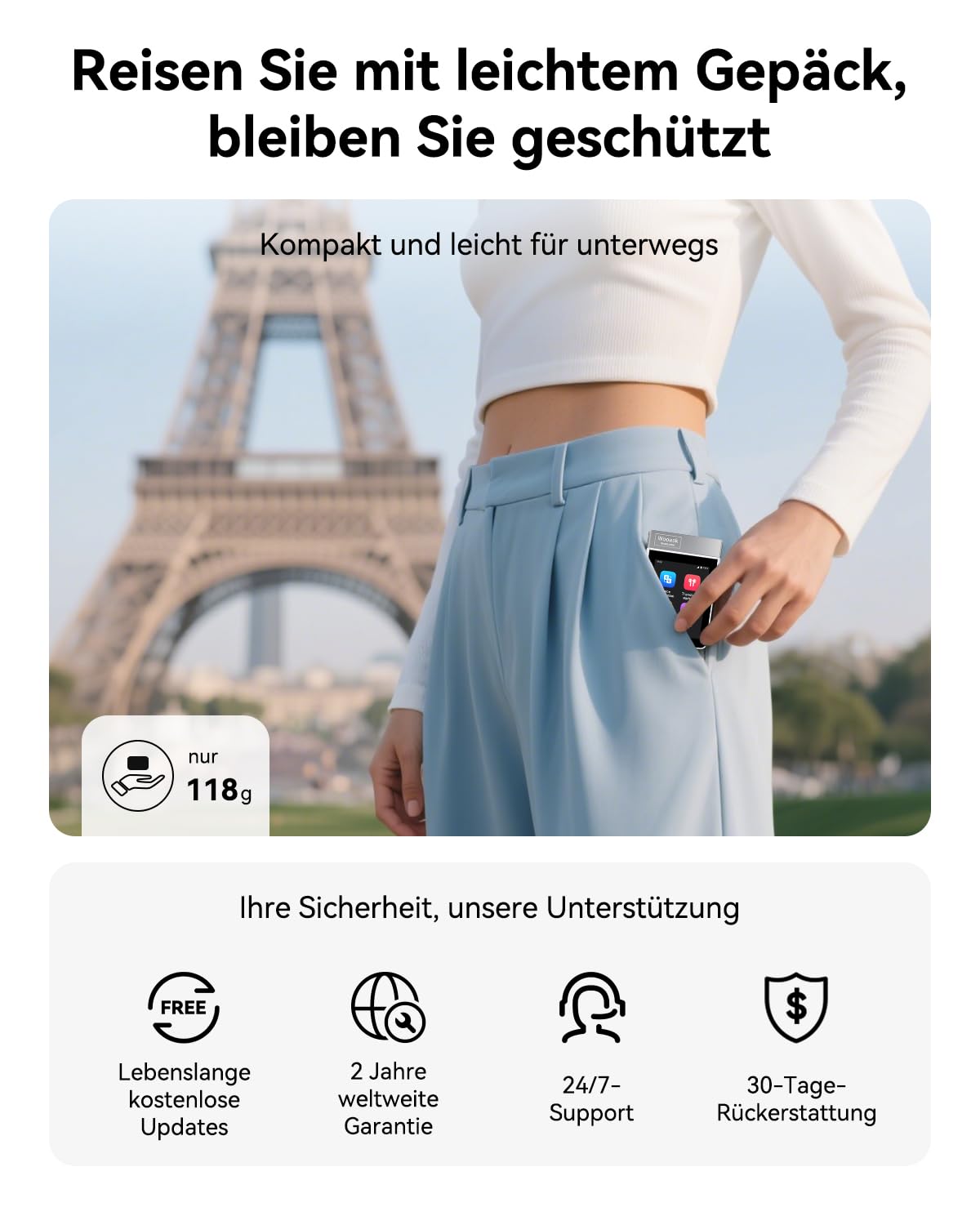 Wooask A9 KI-Übersetzer & Übersetzer-Kopfhörer, Eigenständiges Sprachübersetzungsgerät mit KI-Assistent, Echtzeit-, Foto- & Offline-Übersetzung für 144 Sprachen, Optional 4G mit WLAN-Hotspot (Weiß)
