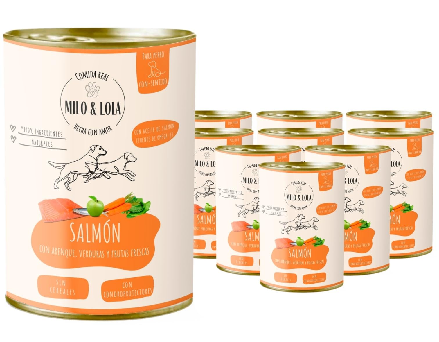Milo and Lola Pack 12 Cans – Natural Wet Dog Food with Salmon, Herring, Fruits and Vegetables 380 g – Complete Nutrition with Omega-3 and Chondroprotectors for Puppy, Adult and Senior Dogs