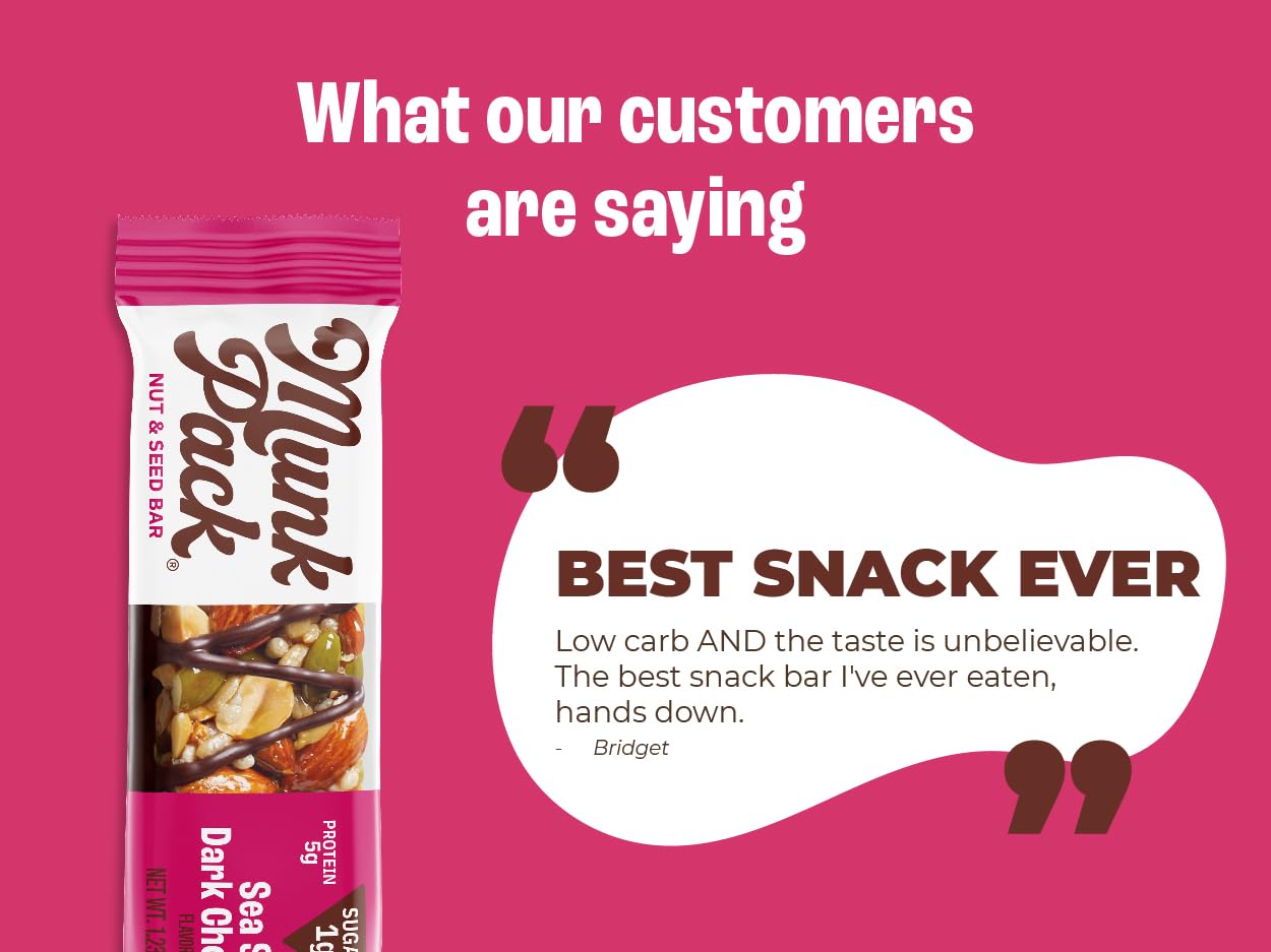 Munk Pack Nut & Seed Snack Bars - 5g Protein, 1g Sugar, 3g Net Carbs, Low Sugar, Keto, and Gluten Free Snack for Adults and Kids, Sea Salt Dark Chocolate – 4.92 oz, 24 Pack