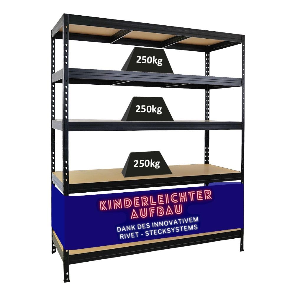 PROREGAL Schwerlastregal Rivet HxBxT 180x150x60cm Fachlast 250kg, Innovatives Stecksystem, Schwarz, Garagenregal, Lagerregal, Steckregal, Stahl, Kellerregal
