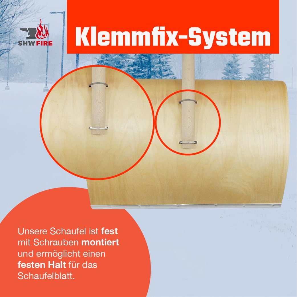 SHW-FIRE | Schneeschieber mit 50cm Schaufel und 144 cm Ovalstiel, Schaufel mit 5-Fach verleimtem Sperrholz mit Stahlschutzkante Premium Schneeschaufel mit Buchenholzstiel | Made in Germany