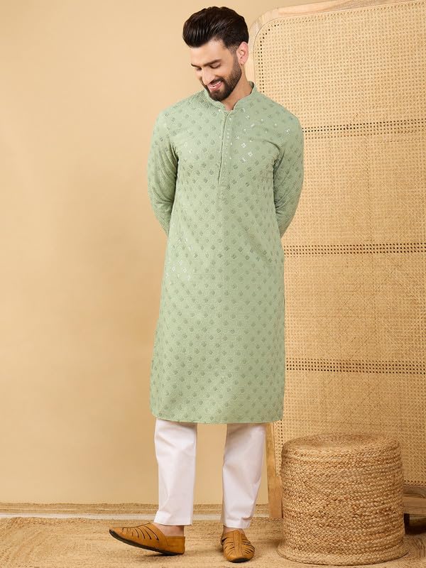 Image of Men's Solid Embroidered Long Straight Kurta | Men's Kurta | Embroidered Chikankari Kurta for Men | Straight Fit Kurta for Men