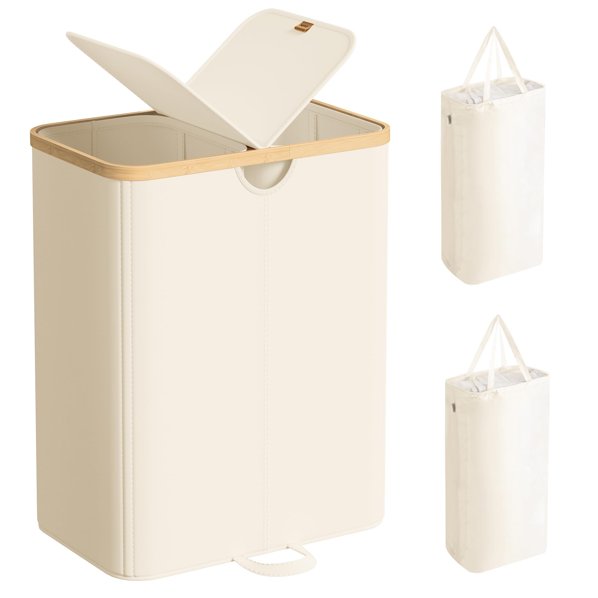 SONGMICS Wäschekorb 2 Fächer, Wäschesammler, 150 Liter, Wäschesortierer mit Deckel, Wäschetonne, Wäschesäcke herausnehmbar, für Waschküche, Schlafzimmer, Wohnzimmer, cremeweiß-naturbeige LCB523W01