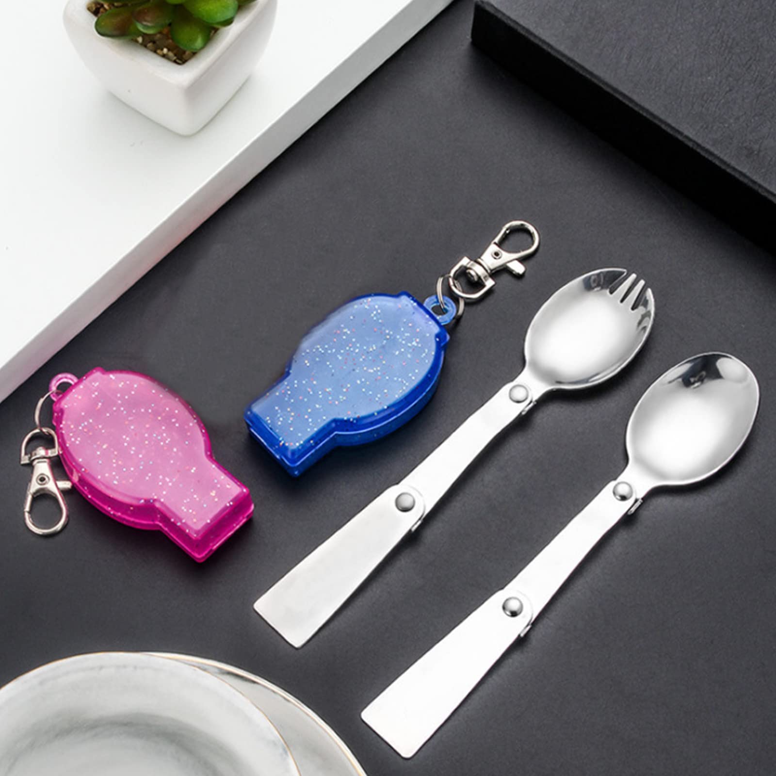 2 Piezas Tenedores y Cucharas Plegables, Cucharas de Ensalada Plegables, Vajilla Plegable, Duradero y Fuerte, für Pícnic Al Aire Libre, Oficina, Comidas Escolares (Rosa, Azul)