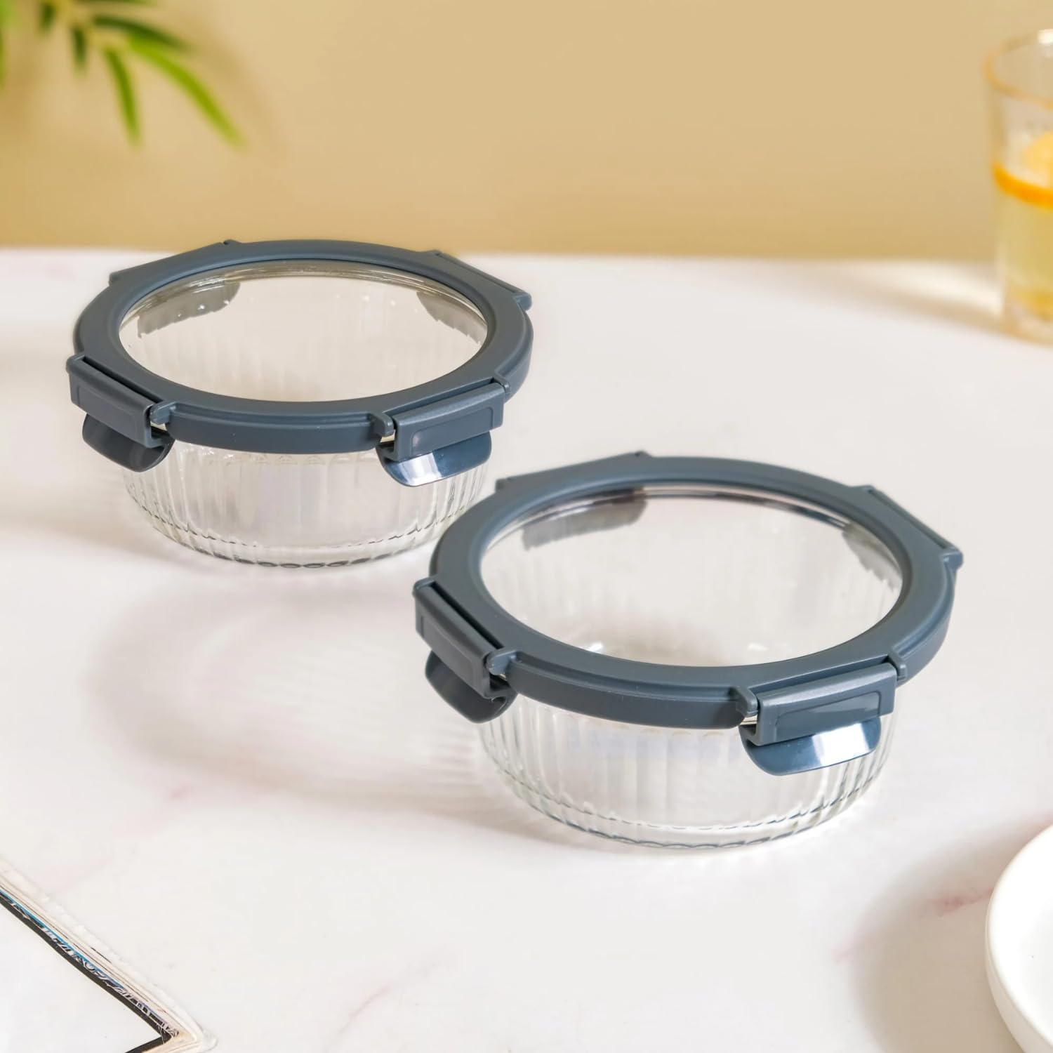 Nestasia Round Lunch Box Set of 2 | Borosilicate Glass, Microwave Safe & Leak Proof, Freezer-Safe with BPA-Free Safety Lock Airtight Lids for Office (620 ml)
