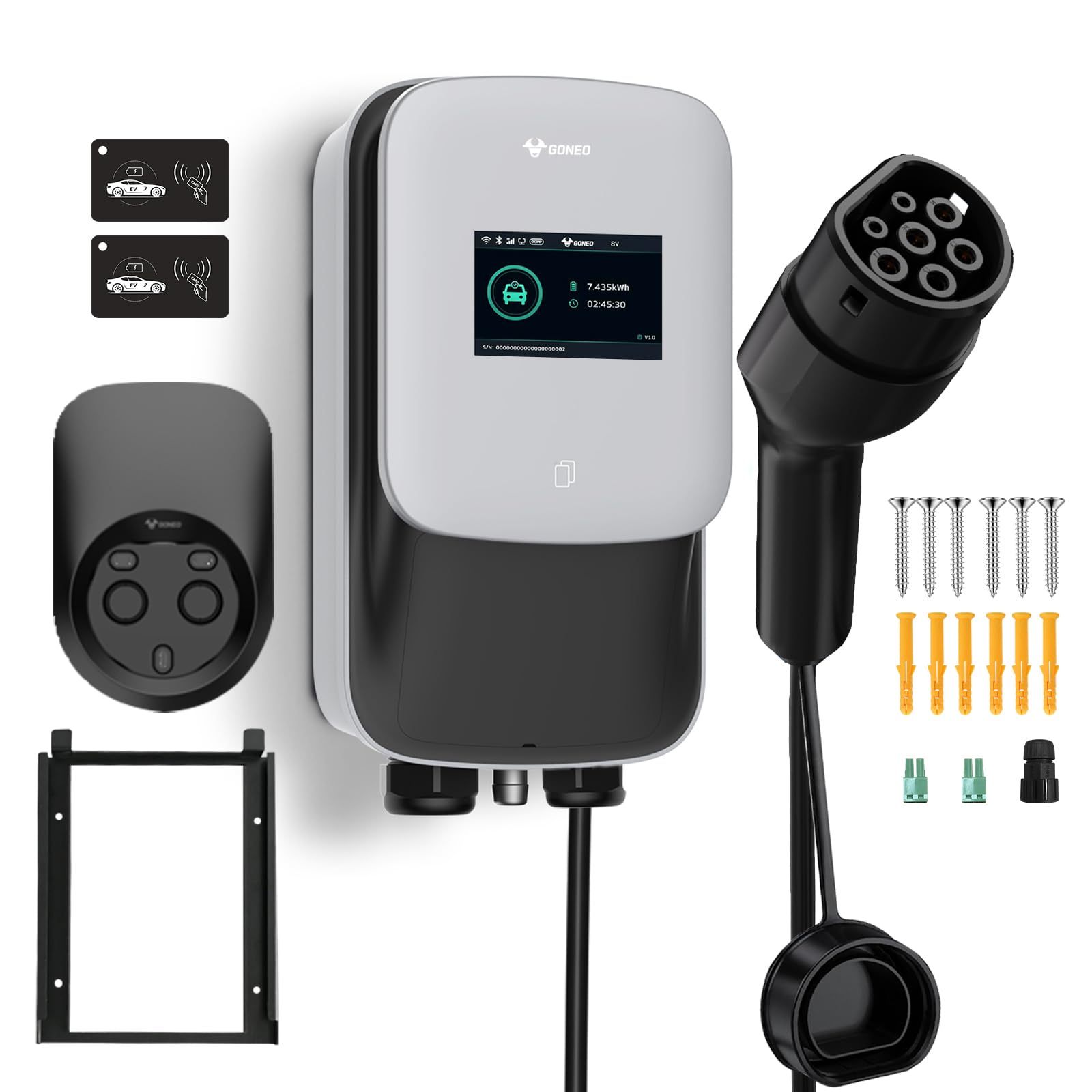 GONEO Ladestation 22kW 8A-32A Wallbox für Elektrofahrzeuge 480V Dreiphasig OCPP mit 5m Kabel mit RFID Karte IP65 IK10 Schutz 4G WLAN APP Bluetooth Steuerung Terminladung