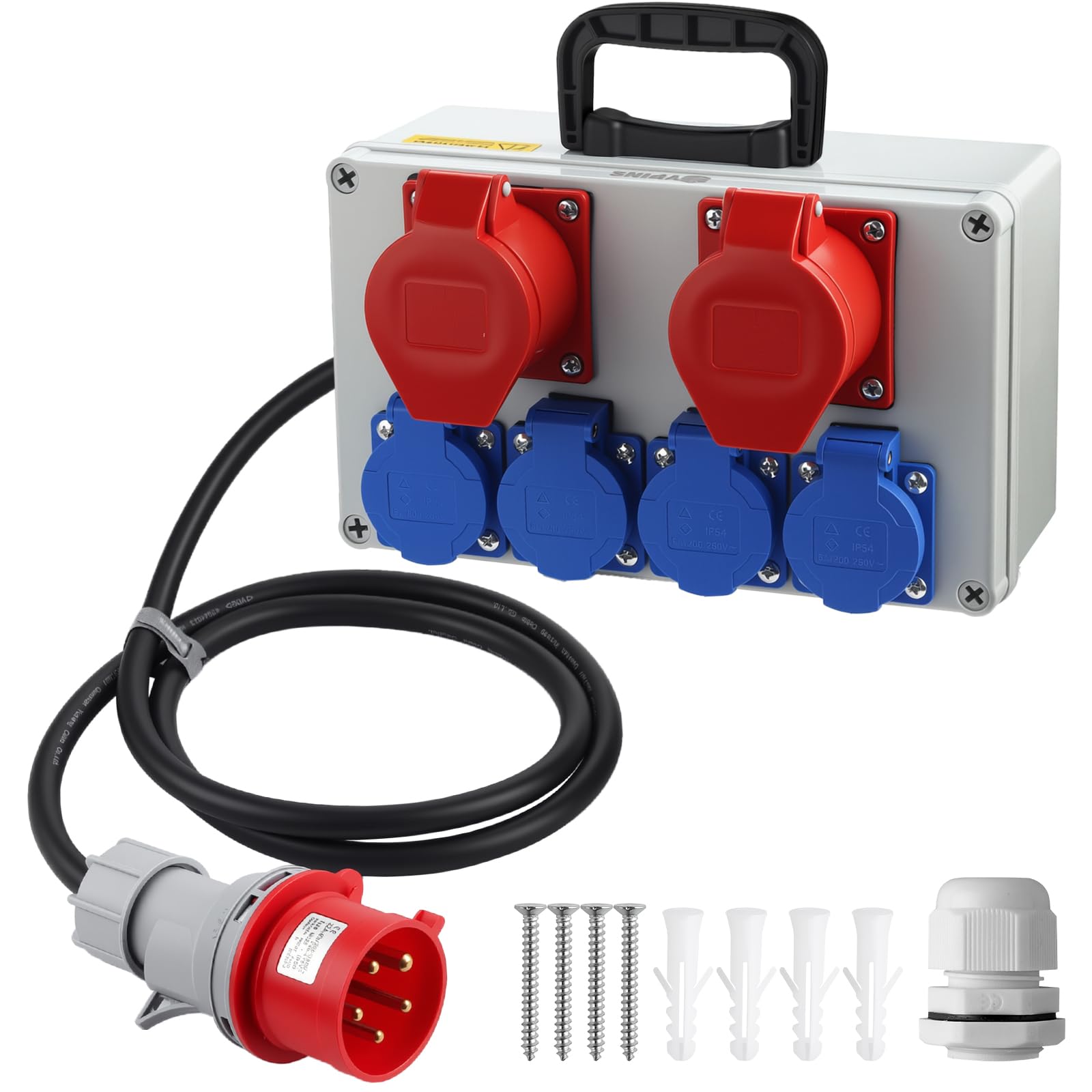 EYPINS Distributore di Corrente da Cantiere,Cavo 2M, 4 Schuko+2 CEE 16 A | Protezione FI/LS,Presa Schuko e CEE,Quadro Elettrico Esterno da Parete,Impermeabile IP66,per Giardino,Garage,Officina,Cortile
