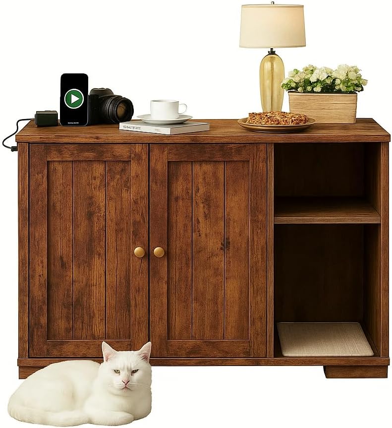 GarveeTech Large Litter Box Enclosure Cabinet, Cat Furniture with Features Dog-Proof Shelf and Power Outlet 5Ft Power Cord, Compatible with Most Self-Cleaning Litterboxes, Brown