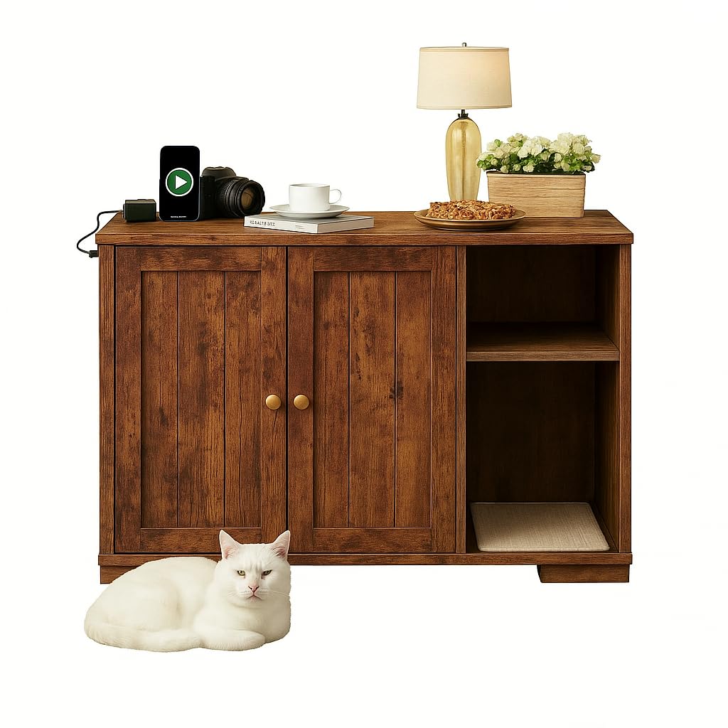GarveeTech Large Litter Box Enclosure Cabinet, Cat Furniture with Features Dog-Proof Shelf and Power Outlet 5Ft Power Cord, Compatible with Most Self-Cleaning Litterboxes, Brown