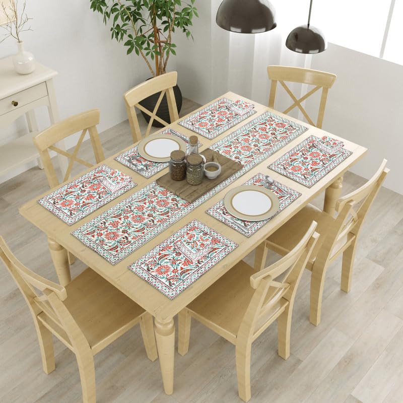 Image of BLOCKS OF INDIA Hand Block Printed Cotton Table Runner, Mat and Napkin Set for Center /Dining Table (Orange JAAL),13 pc Set