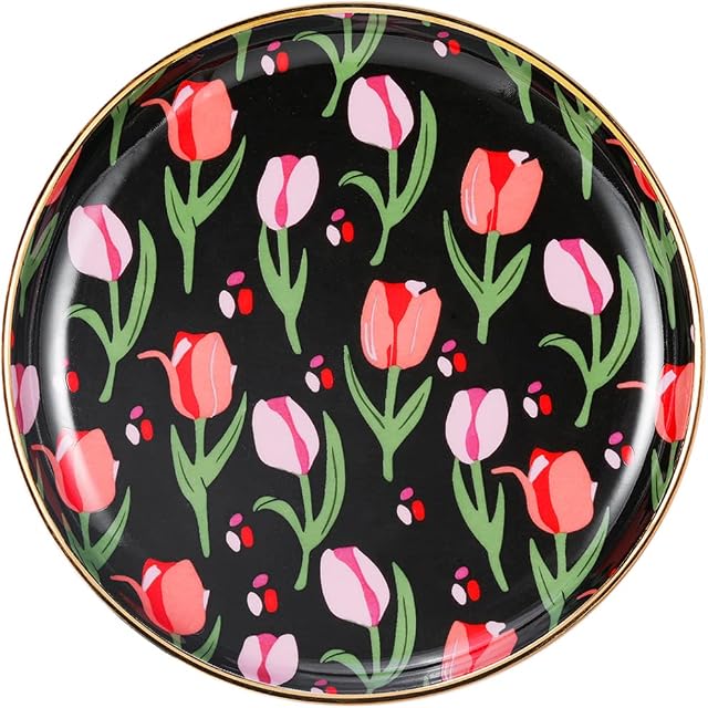 Emibele Jewelry Dish Tray, Ceramic Ring Dish Holder Jewelry Small Round Tray Decorative Trinket Plate, 5 Inch Bathroom Dresser Vanity Tray with Gold Edge Tulip Pattern Home Decor Gift for Her, Black