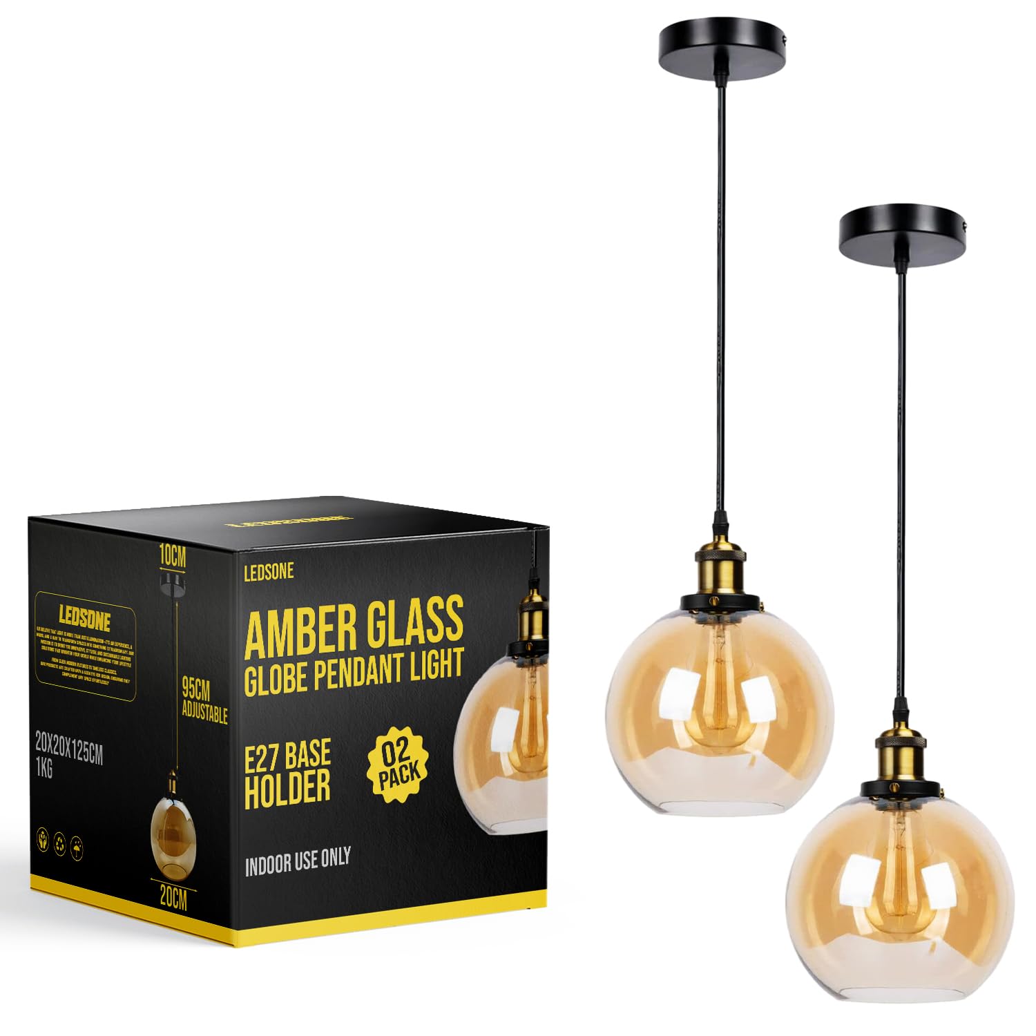 LEDSone Modern Industrial Amber Glass Globe Ceiling Pendant Light Indoor Hanging Pendant Light for Basement Bedroom Conservatory Dining Room Kitchen (2 Pack + Without Bulb)