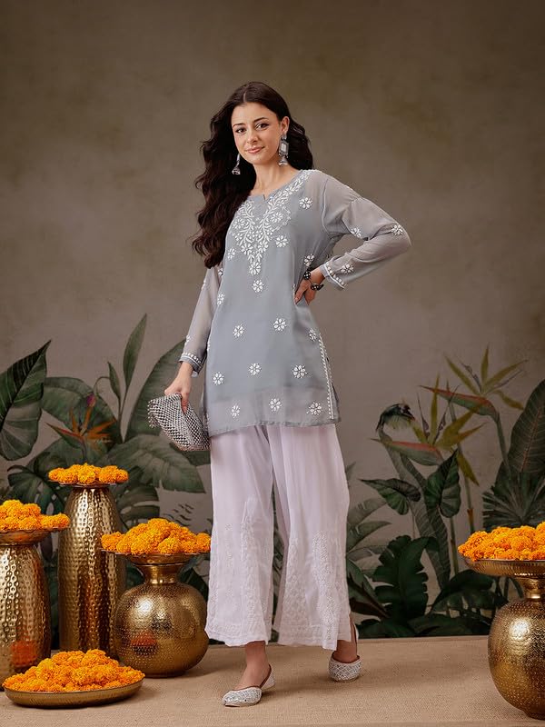 Image of Ada Women's & Girl's Georgette Hand Embroidered Lucknow Chikankari Regular Fit Short Kurti Top with Slip A911300