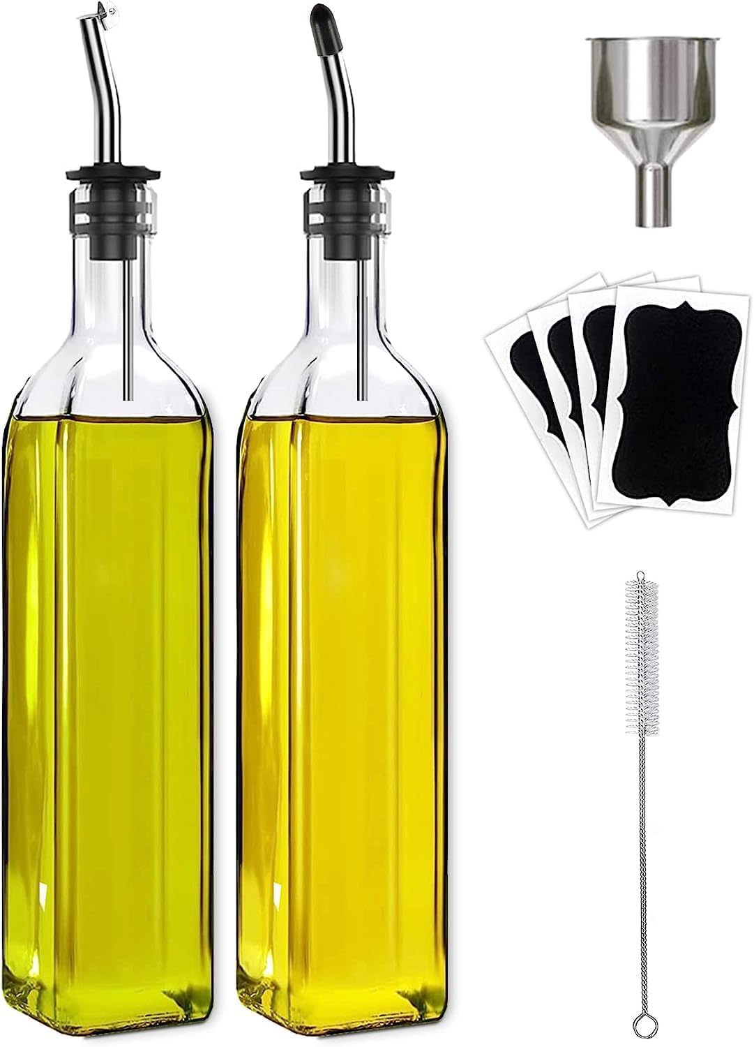 Oil Dispenser Oil Bottle for Kitchen, 2 Pcs Glass Olive Oil Dispenser and Vinegar Dispenser Set with Funnel Easy Refill (500ml)