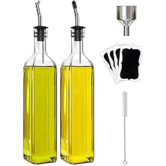 Olive Oil Dispenser Bottle, 2 Pcs Glass Olive Oil Dispenser and Vinegar Dispenser Set with 2 Stainless Steel Pourers, 4 Labels,1 Brush and 1 Funnel Oil Bottles for Kitchen (500ml)