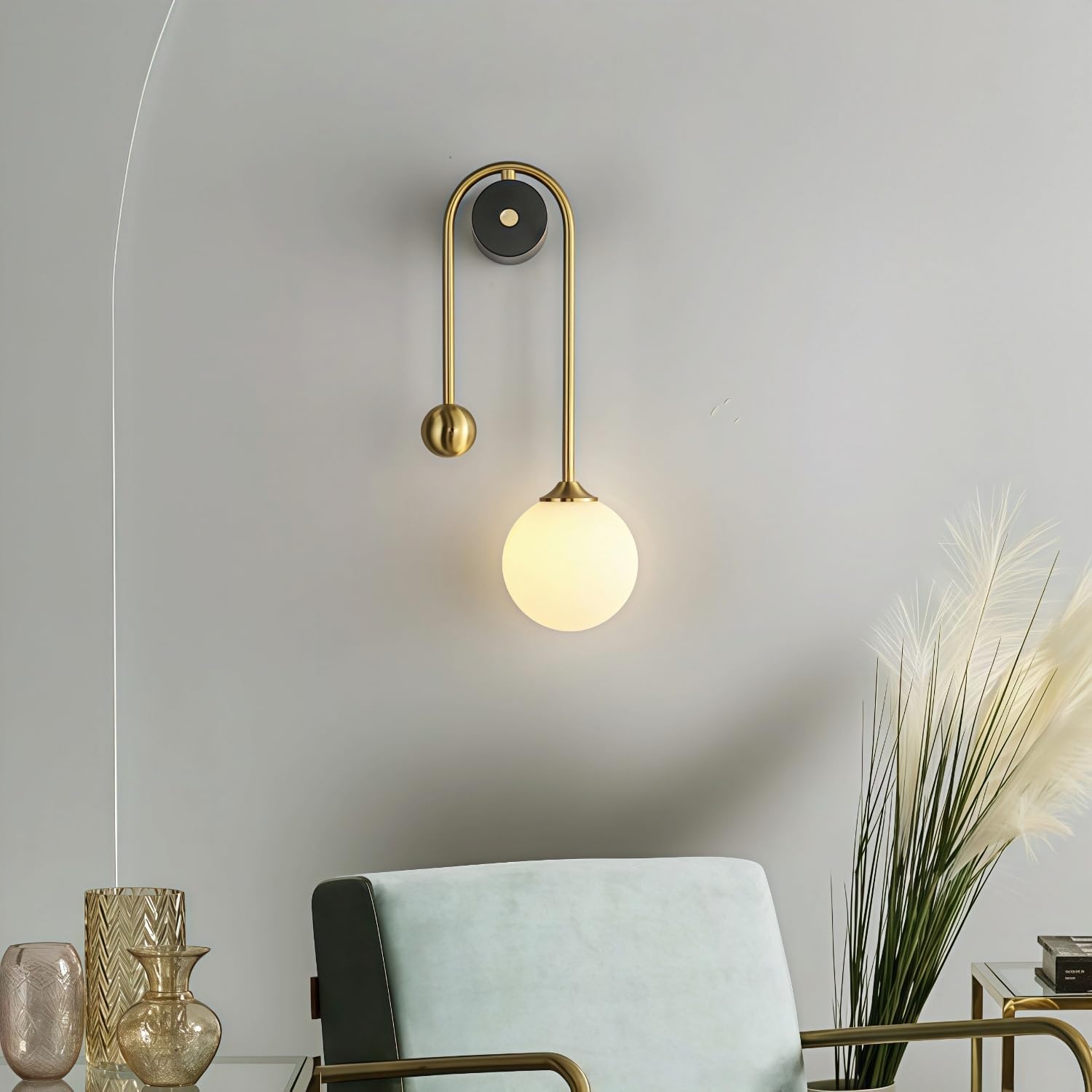Nordic Golden Wall Lights, Modern Metal Sconces with Milky Glass Balls Sconces, Gold Metal Glass Balls Wall Lights for Bedroom, Living Room, Hallway, and Stairwell (Right A)