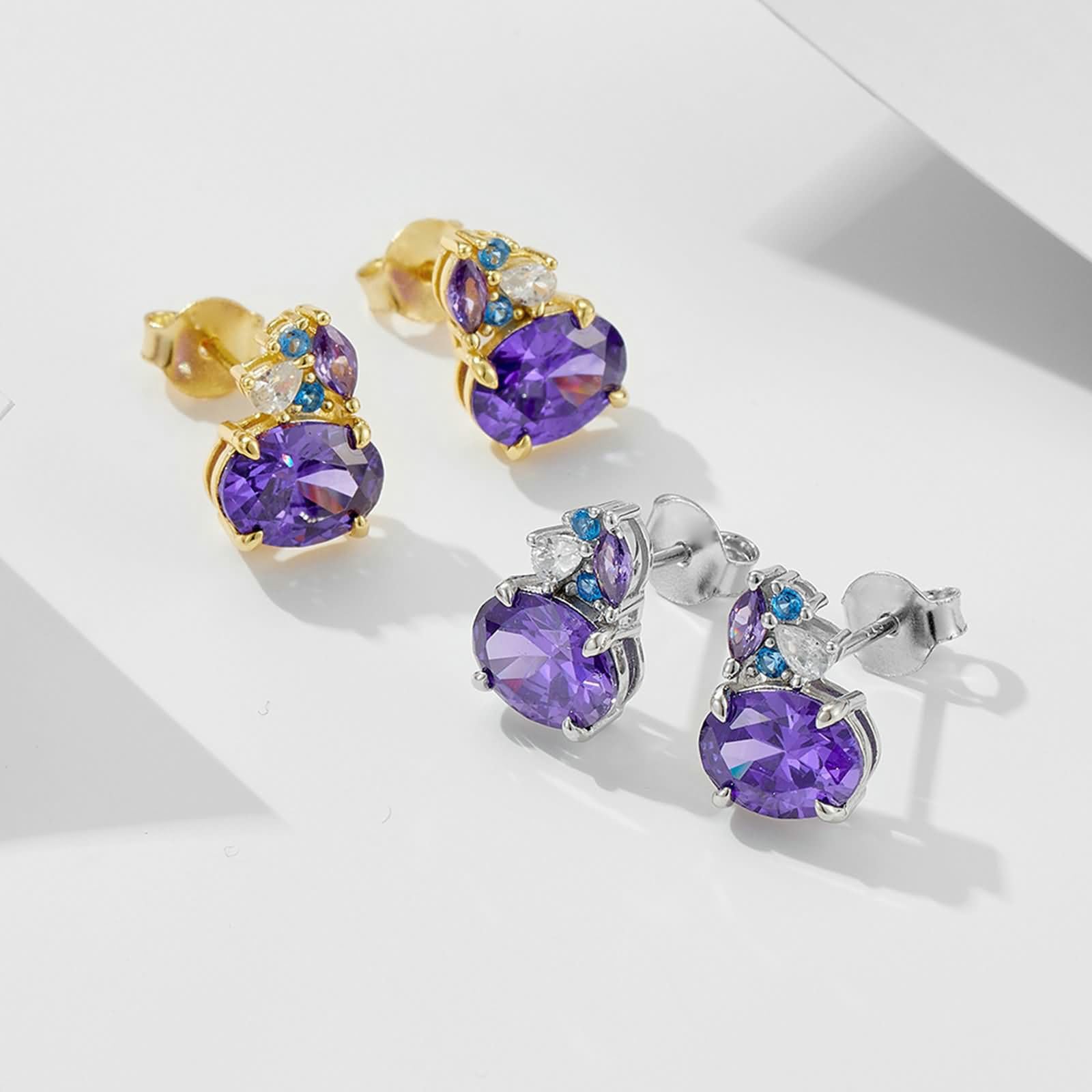Pendientes de tuerca de oro blanco de 9/14/18 quilates, con amatista y moissanita para mujer