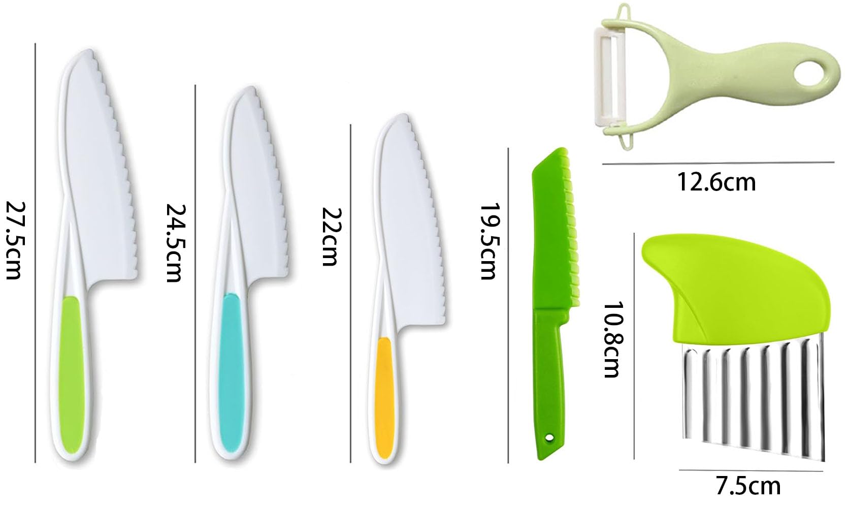 QincLing Set di 5 coltelli da cucina in plastica per bambini, in nylon, coltelli da cucina sicuri per bambini, per cuocere frutta, pane, torte, lattuga, insalata