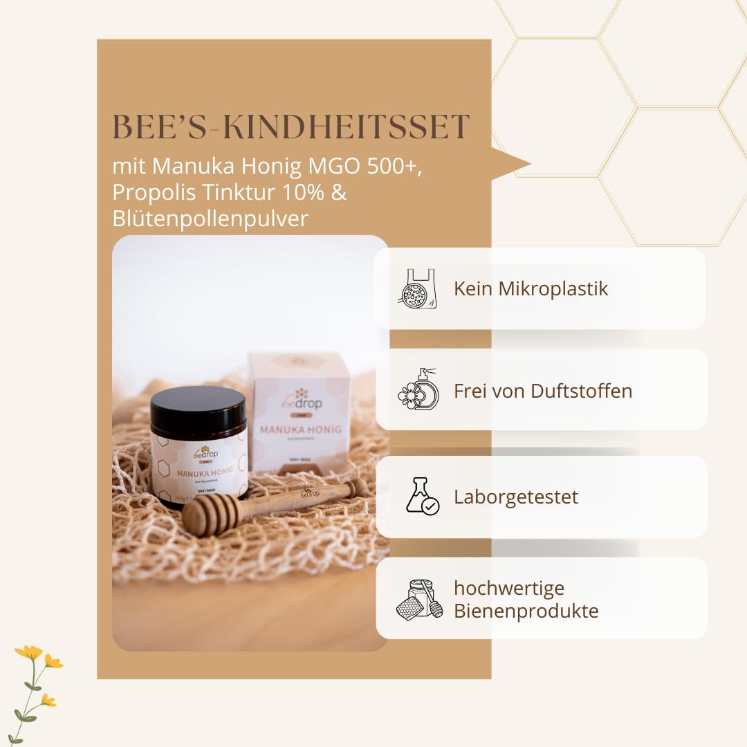 bedrop | Bee’s Kindheitsset | Blütenpollenpulver, Propolis Tinktur alkoholfrei 10% und Manuka Honig MGO 500