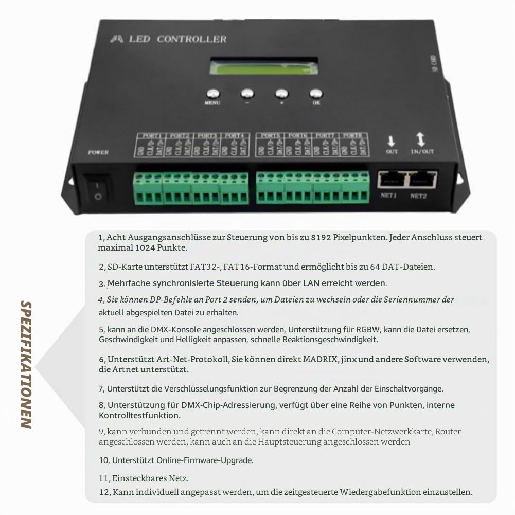 WiFi-LED-Pixel-Controller Artnet zu SPI Unterstützt -Software LAN-Synchronität SD-Karte DMX512-Konsole (H807SA) Ersatzteile Zubehör EU-Stecker