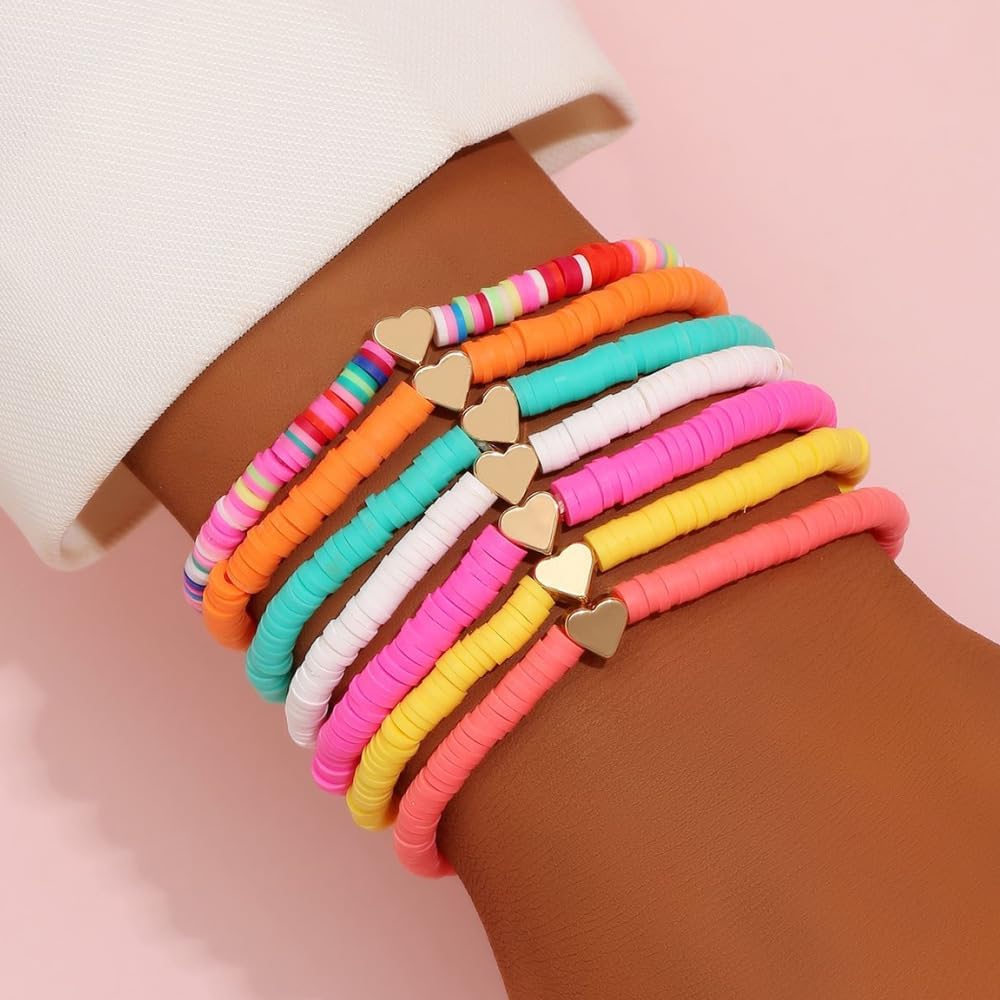 Friendship Bracelets for Women - Heishi Surfer Colorful Smile Evil Eye Clay Beaded Stretch Bracelets Elastic Layering - Stackable Boho Disc Y2K Aesthetic Summer Jewelry Set. - Image 2