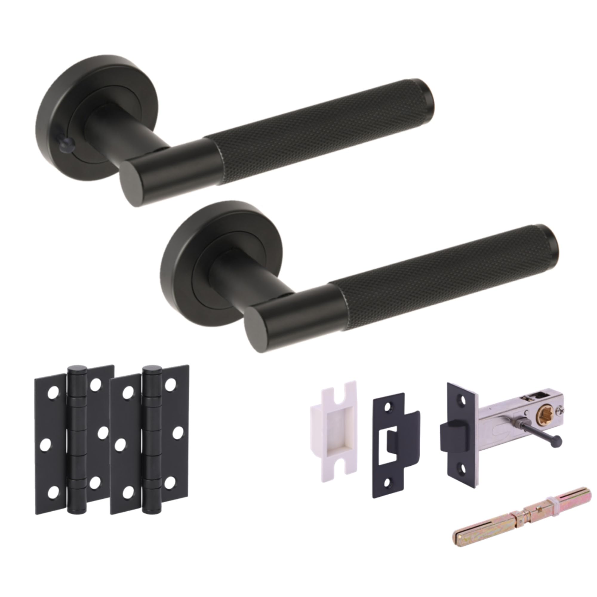Hunta HANDLEZONE® Evo Grip Knurled Privacy Door Handle Pack, Complete with Lever Handles, 76mm Latch, 75mm Ball Bearing Hinges - Black Matt