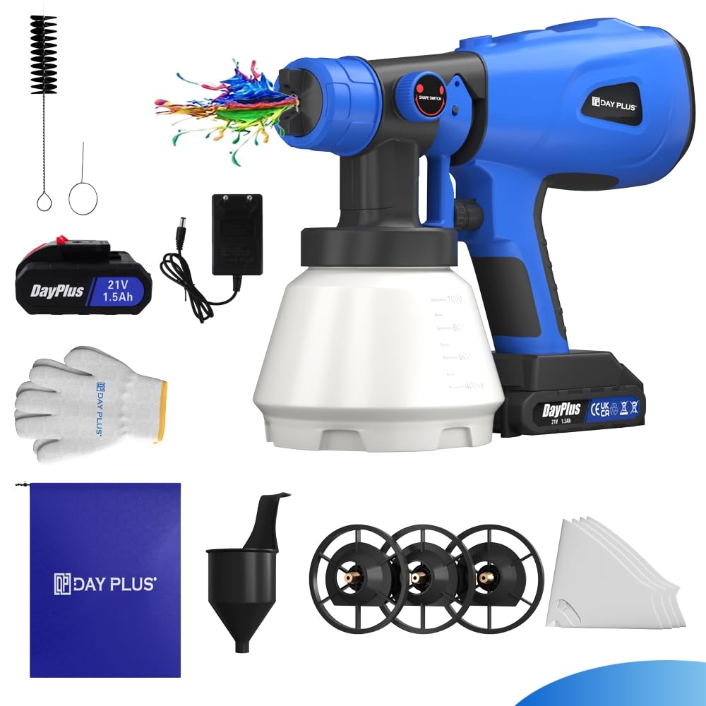 Elektryczny pistolet natryskowy do farby, akumulatorowy system natryskowy 21 V, pistolet natryskowy z 3 wzorami i 4 dyszami, 1000 ml, elektryczny pistolet lakierniczy HVLP 600 W, elektryczny pistolet