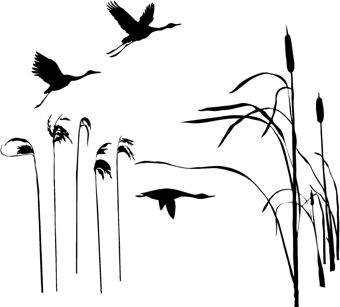 Flock of Crane Birds Flying Over Water Wheat Rice Field Vinyl Wall Decal Sticker Decor