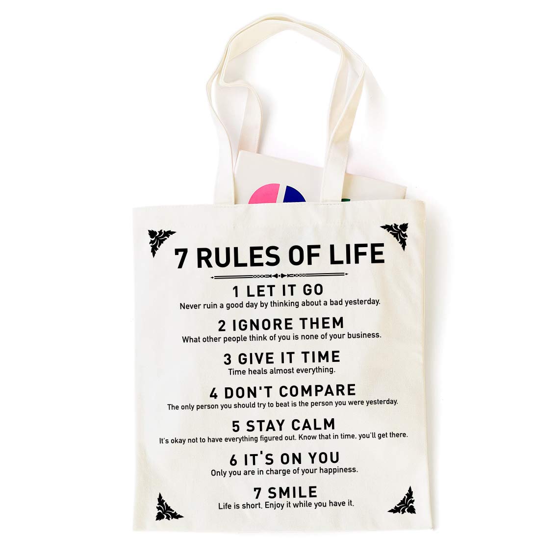 Rustic Inspirational Quotes 12 Oz Reusable Tote Bag | Motivational 7 Rules of Life 100% Tote Bag | Best Graduation/Birthday/Christmas Gifts for Men/Women/Friends/Kids