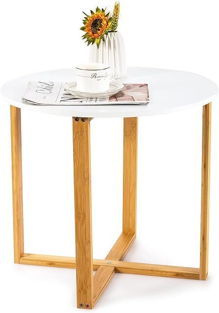 CASART Round Side Table, Small Space Tea Corner Coffee Sofa End Tables, Modern Bedside Tables for Living Room, Hallway and Bedroom (White + Natural, 50 x 50 x 45cm)