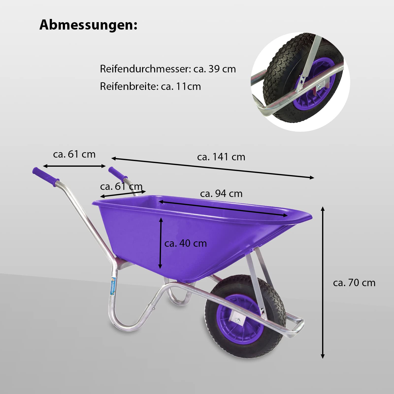 Schubkarre 250 kg Traglast 100 Liter Volumen Bauschubkarre Gartenschubkarre violett Schiebkarre Garten rostfrei verstärkter Rahmen mit Schutzbügel für Langlebigkeit