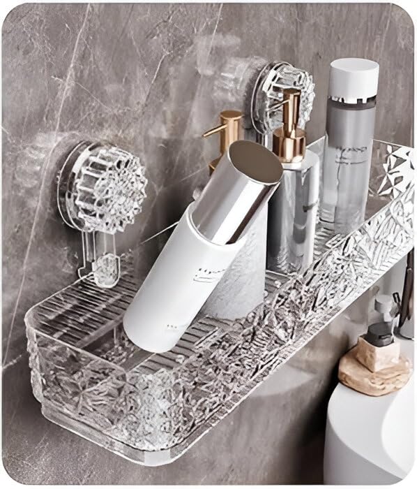 Image of Wall Mounted Bathroom Storage Rack with Suction Cups - Double Shelf with Hooks - Transparent & Patterned Front Design (2)