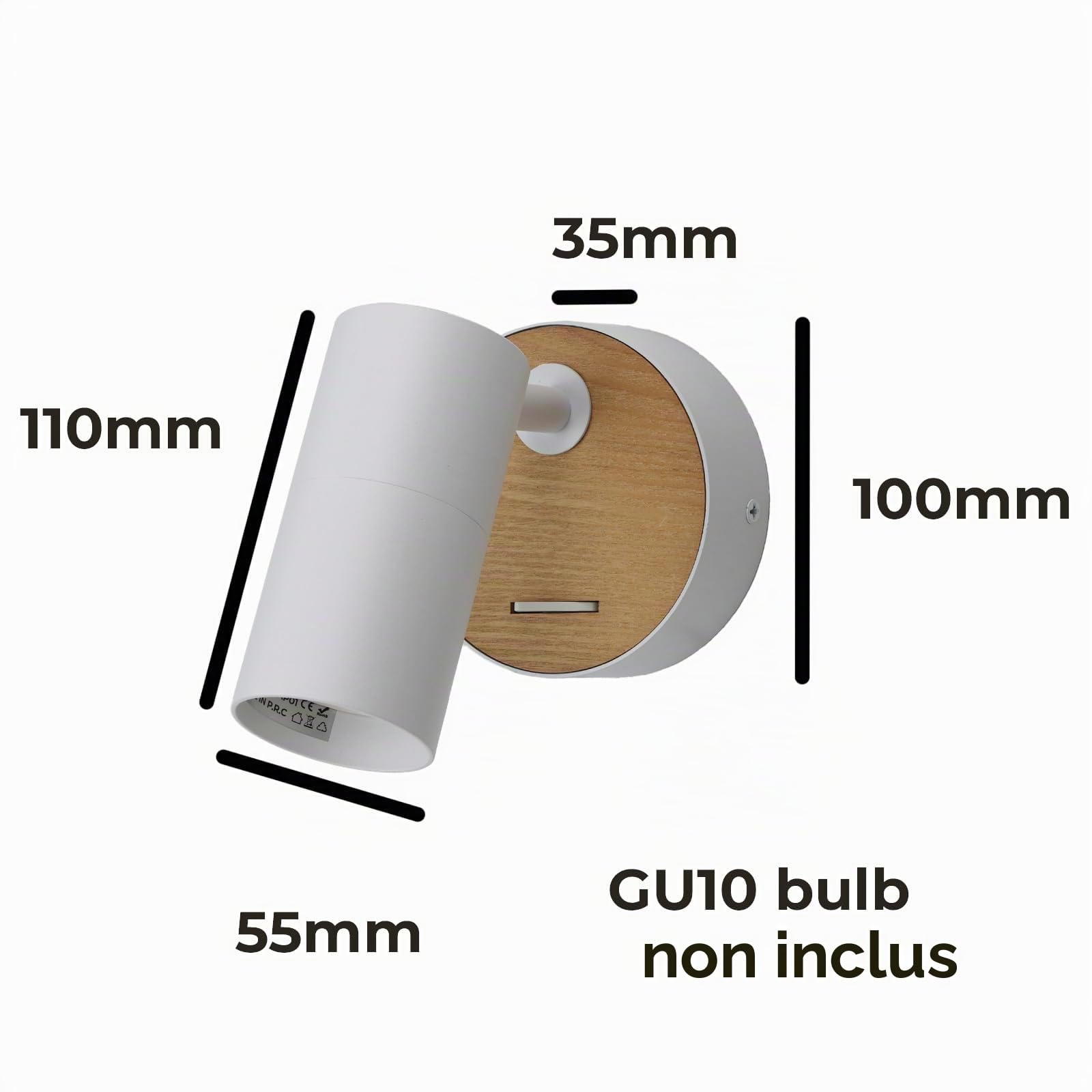 Alpinaluz Applique Murale GU10 à Tête Cylindrique Orientable 350°, Base Ronde Ø10 cm, Interrupteur Intégré, Blanc et Bois Naturel, Style Nordique, pour Lecture, Chambre ou Salon