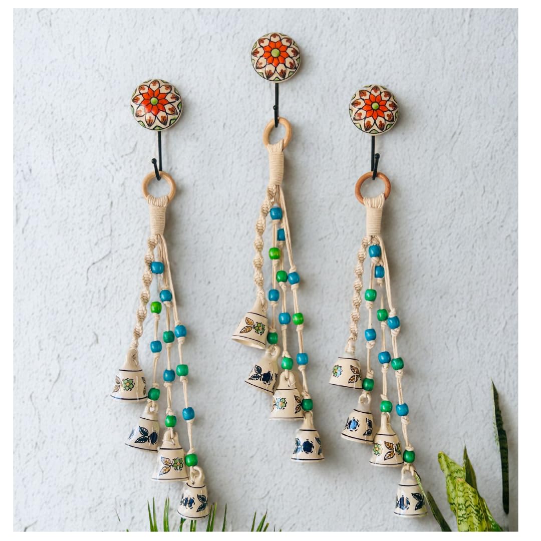Shopping Shots| (Set of 3 Wind Chimes: A Harmonious Addition to Any Space (3 Set incl Bunch of 12 Ceramic Mini Bells, 3 Ceramic & Metal Hooks, 3 Wooden Ring Tied with Hand Knotted Macrame Threads)-picture-38