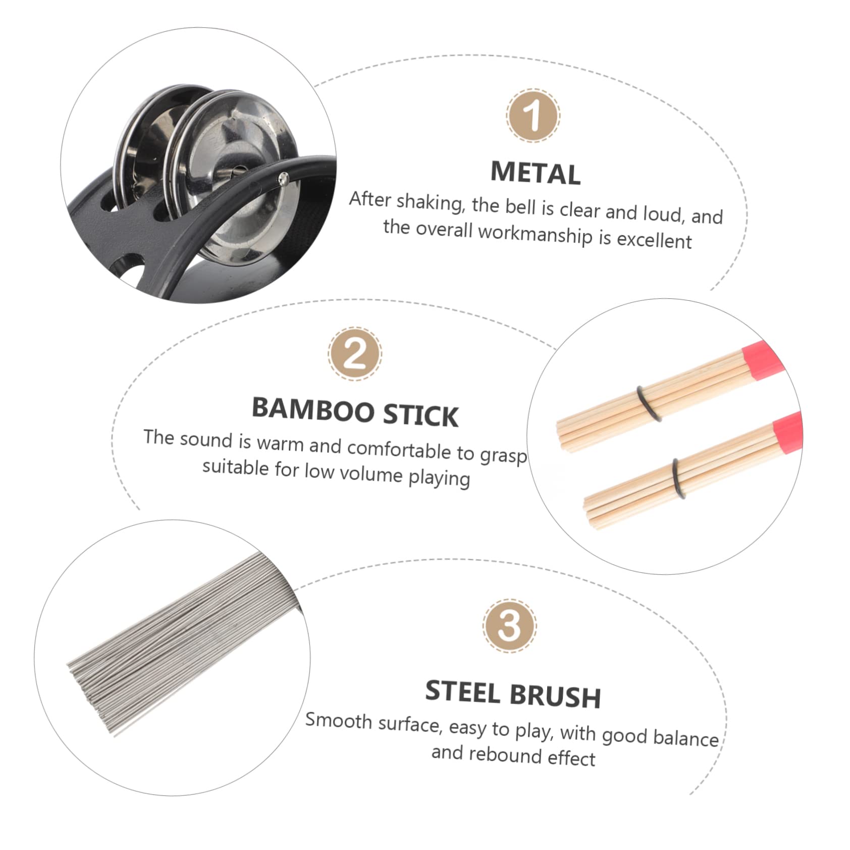 CIMAXIC 4-piece Drum Kit Accessories Set Drum Brush Drumstick Kit Bamboo Metal Drumsticks Drum Cleaning Kit for Students