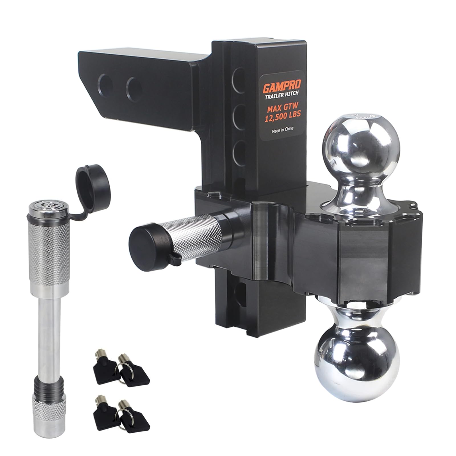 GAMPRO Adjustable Trailer Hitch (2-Inch Receiver), with 8 Inch Drop/Rise Chrome Plated Steels Balls, Heavy Duty Aluminum Tow Hitches (12,500 LBS GTW)