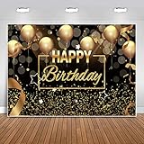 Sensfun Happy Birthday Party Backdrop Banner for Men Women Black Gold Balloons Glitter Bokeh Spots Photography Background Baby Adult Birthday Cake Table Decoration Supplies Photo Booth Backdrops 7x5ft