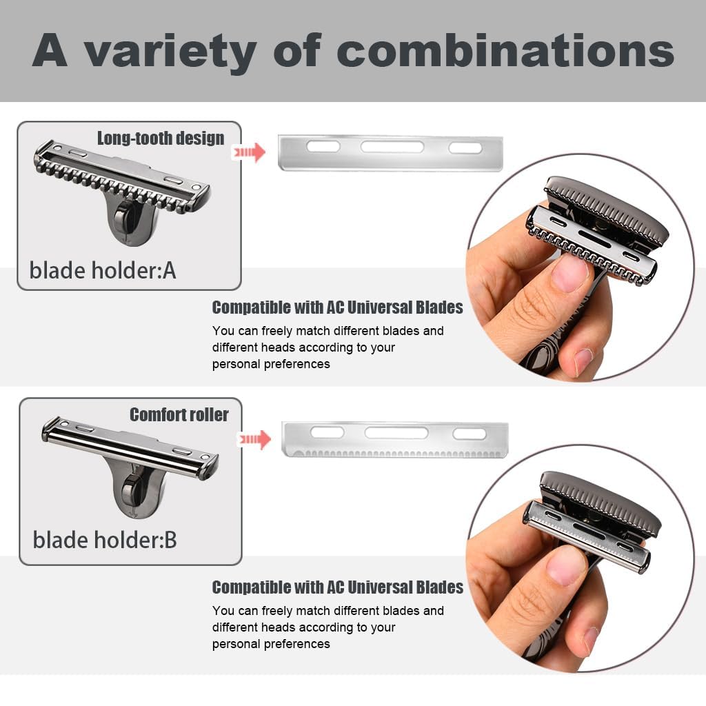 Magnetic Safety Razor for Men, Single Blade Face Shaver with 2 Interchangeable Heads, Smooth Roller Design, Durable Metal Safety Razor Kit with 20 Blades - Black