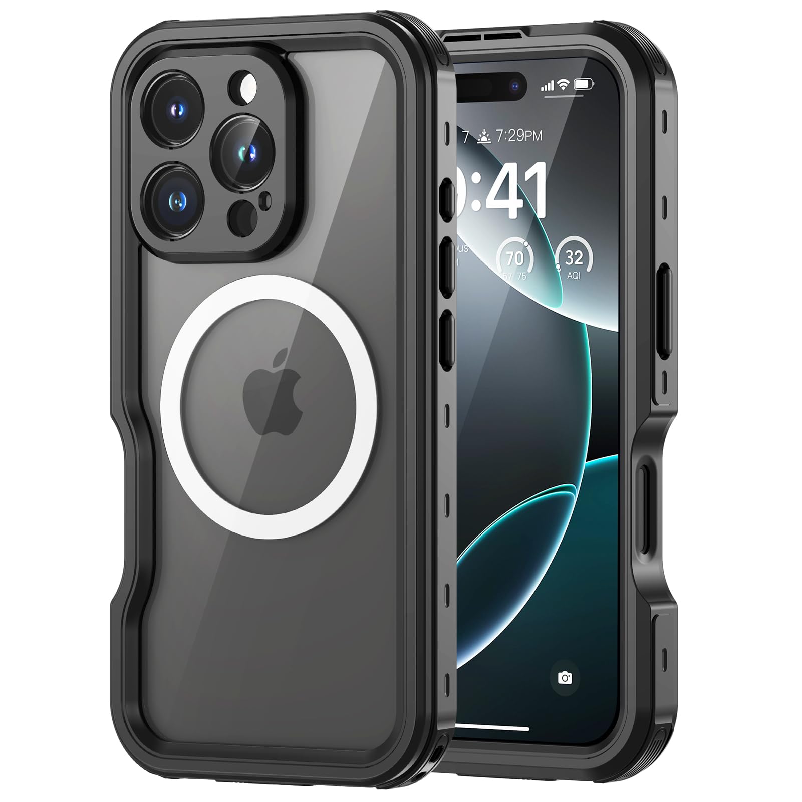 Lanhiem Etui na telefon komórkowy iPhone 16 Pro Max, wodoszczelne, IP68, z Magsafe, 360°, ekranowane magnetycznie, na zewnątrz, odporne na wstrząsy, z ochroną ekranu, czarne