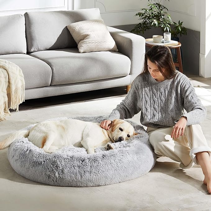 Image of ZEXSAZONE Summer Round Donut Pet Bed for Cats and Puppies Dogs Mat Cozy and Plush Raised Bedside Support Both Sides Use Like 2 in One Washable Sizes for Small Medium and Large Pets Grey Large
