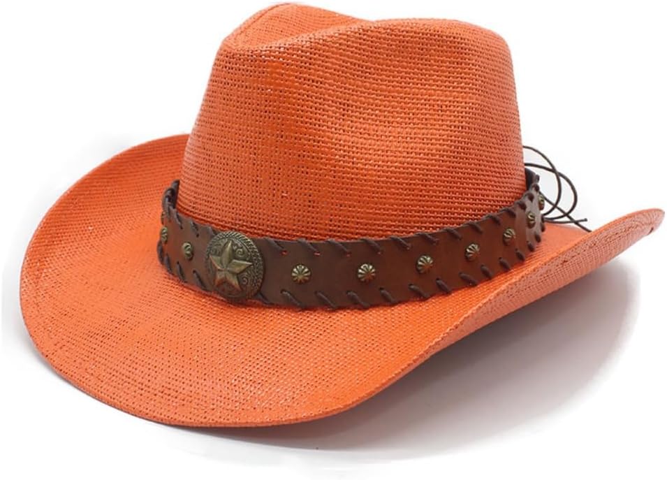 Western Cowboy Hat, Black Straw, Brown Leather Band with Star Concho, Wide Brim